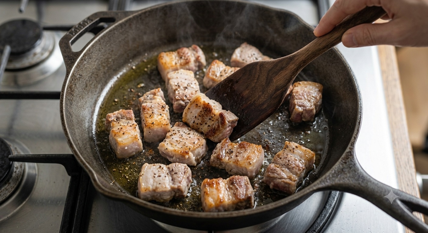 豚肉を炒める